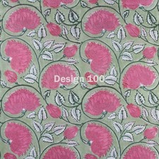 Indian Hand Block Print Green Lotus Floral 100% Cotton Women Dress Craft Fabric 