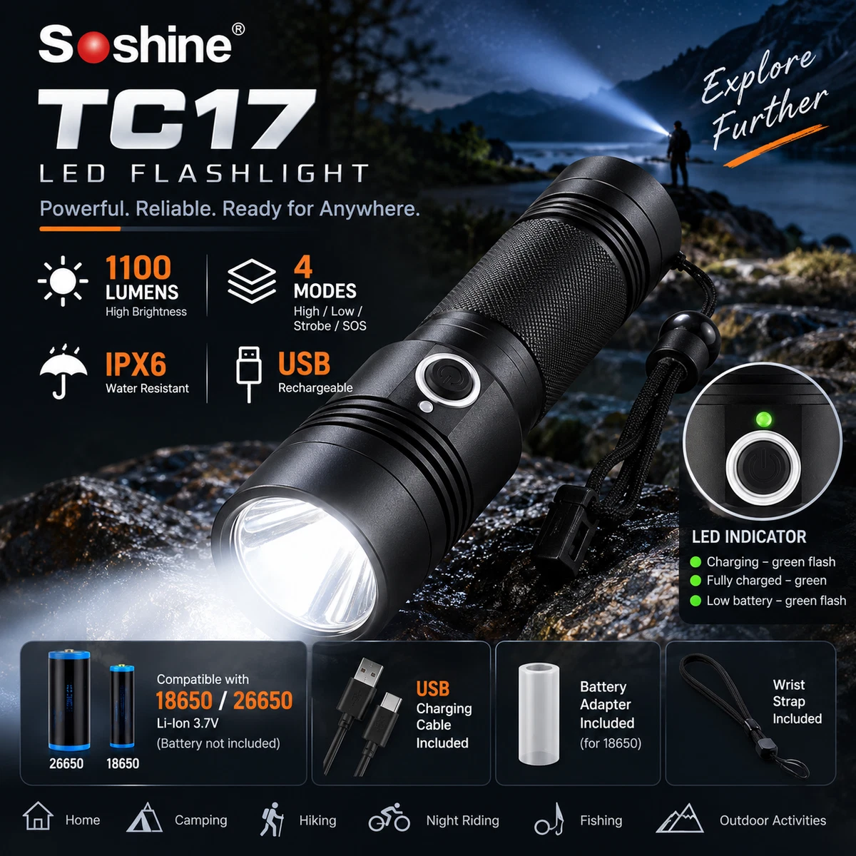 Soshine TC17 Linterna LED 1100 lm USB Recargable 4 Modos IPX6 26650
