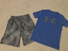 Boys Under Armour Shirt and Shorts Blue Grey and Black Size YLG Large