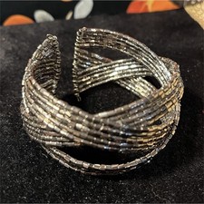  Silver Beaded Asymmetrical Cuff Bracelet Ope...