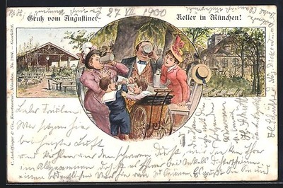 Künstler-AK München, Gasthaus Augustiner-Keller, Garten, Familie am Tisch 1900 