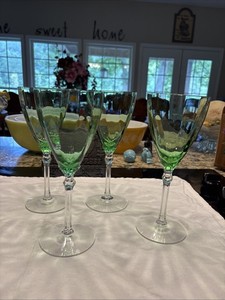 Antique Fostoria 12 Panel Green Water Goblets Pattern 5098 Please Read
