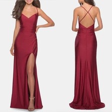La Femme 28206 Long Crisscross Strapped High Slit Sheath Gown in Burgundy