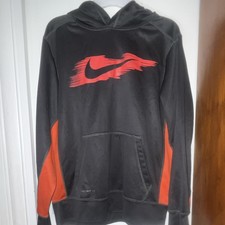 Nike Therma-Fit Fleece Hoodie Black Orange Red Logo Pullover Youth Size L