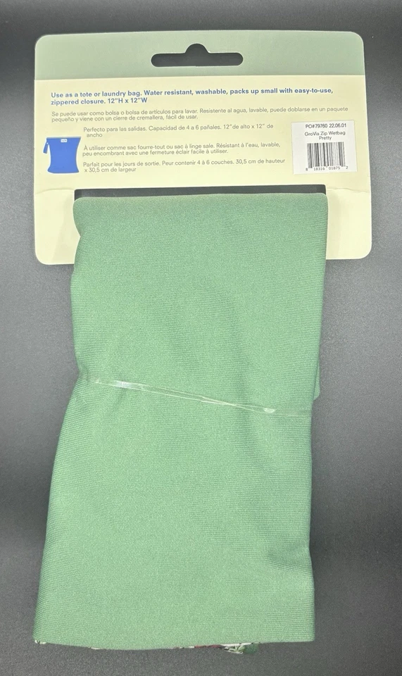 Grovia Zippered Wetbag “Pretty” NWT Green/Floral Cloth Diaper Wet Bag - Image 2 of 2