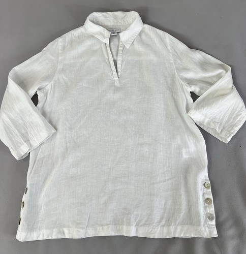 Antibes Blanc 100% Linen Women’s V-Neck White Tunic Top Blouse Size Small Beach - Picture 4 of 12