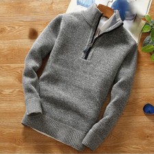 Mens Sweater Knitted Top Half Zip Fleece Lined Pullover High Neck Thermal Winter