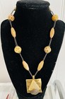 Beautiful AVGAD Necklace W/ Carved Stone Beads & Bronze Chain W/Square Pendant