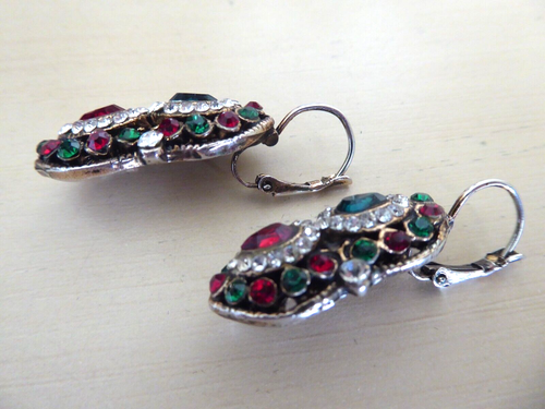 Indian Style Red, Green and Clear Rhinestone, Silver Tone Earrings, Safety Catch - Picture 3 of 10