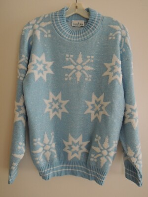 Ladies Sweater Size M White Silver Snowflakes on Baby Blue $55 Value NWOT