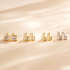 925 Sterling Silver Plated Small Square Princess CZ Prong Set Stud Earrings PE57