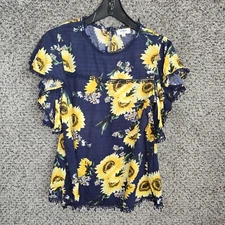 UMGEE Top Womens Small Navy Blue Sunflower Print Flutter Sleeve Keyhole Button