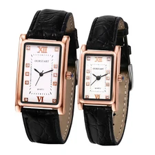 Retro Men Women Rectangle CZ Dial Black Leather Quartz Analog Couple Wrist Watch