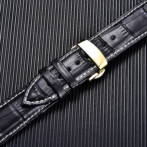 19mm Calfskin Leather Gold Clasp Buckle Black/Brown Watch Strap + Change Tool - Picture 6 of 14