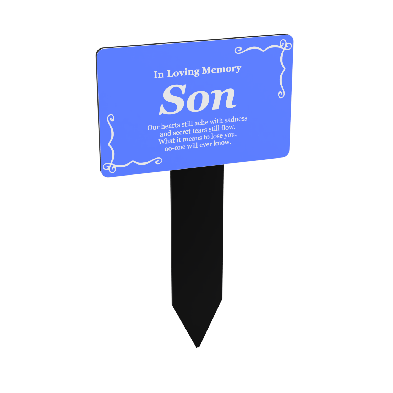 Son Memorial Plaque with Stake Blue and White Grave Marker