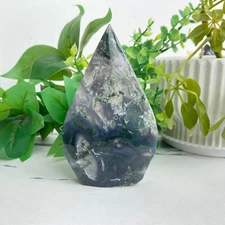 335g Blue Moss Agate Point Freeform Quartz Crystal Mineral Specimen Polished
