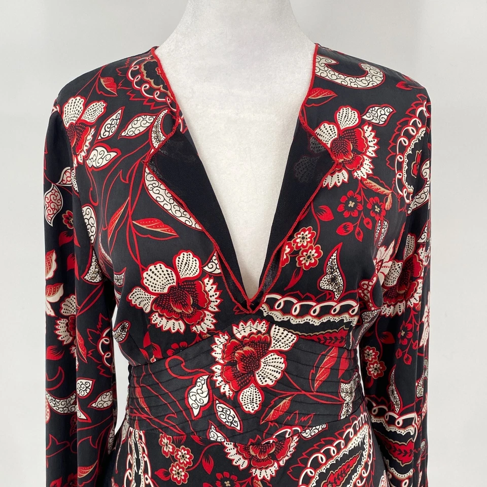 INC Blouse Sz 10 Red Black Abstract Floral Sheer 100% Silk Belt Tie Bell Sleeve - Image 3 of 4