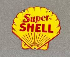 VINTAGE SUPER SHELL PORCELAIN SIGN GAS CAR TRUCK OIL MOTORCYCLE