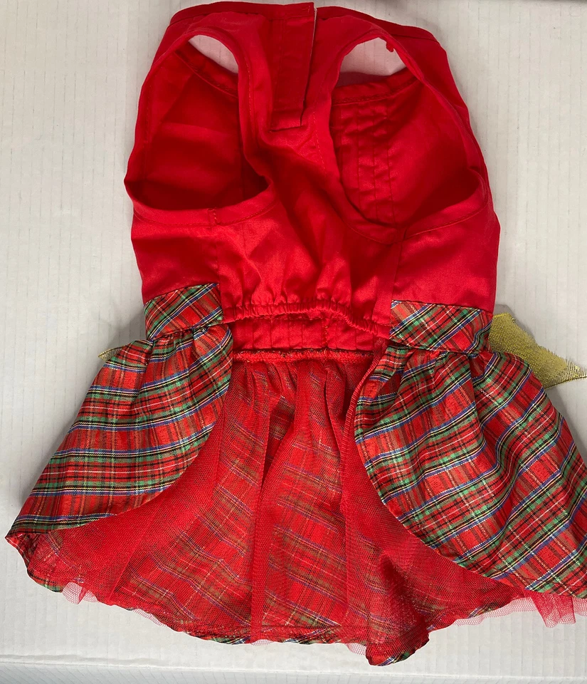 Rojo Satén Dorado Lazo a Cuadros Vacaciones Navidad Vestido Gato/Mascota Disfraz Conjunto Grande Foto 2 de 4