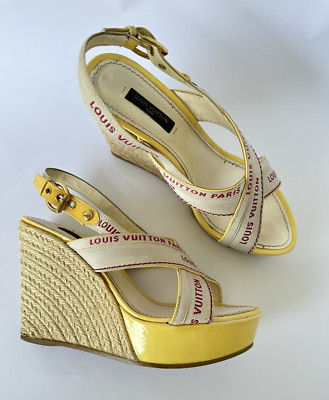 Louis Vuitton Logo Wedge Sandals Heels Espadrilles Cream w Yellow Patent EU 37