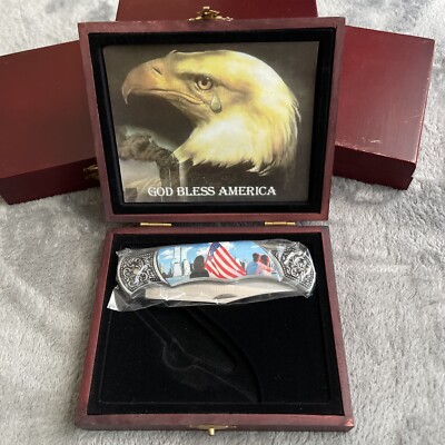 Vtg 911 Twin Towers American Flag Sharp Blade Memorial Pocket Knife w/ Box NOS