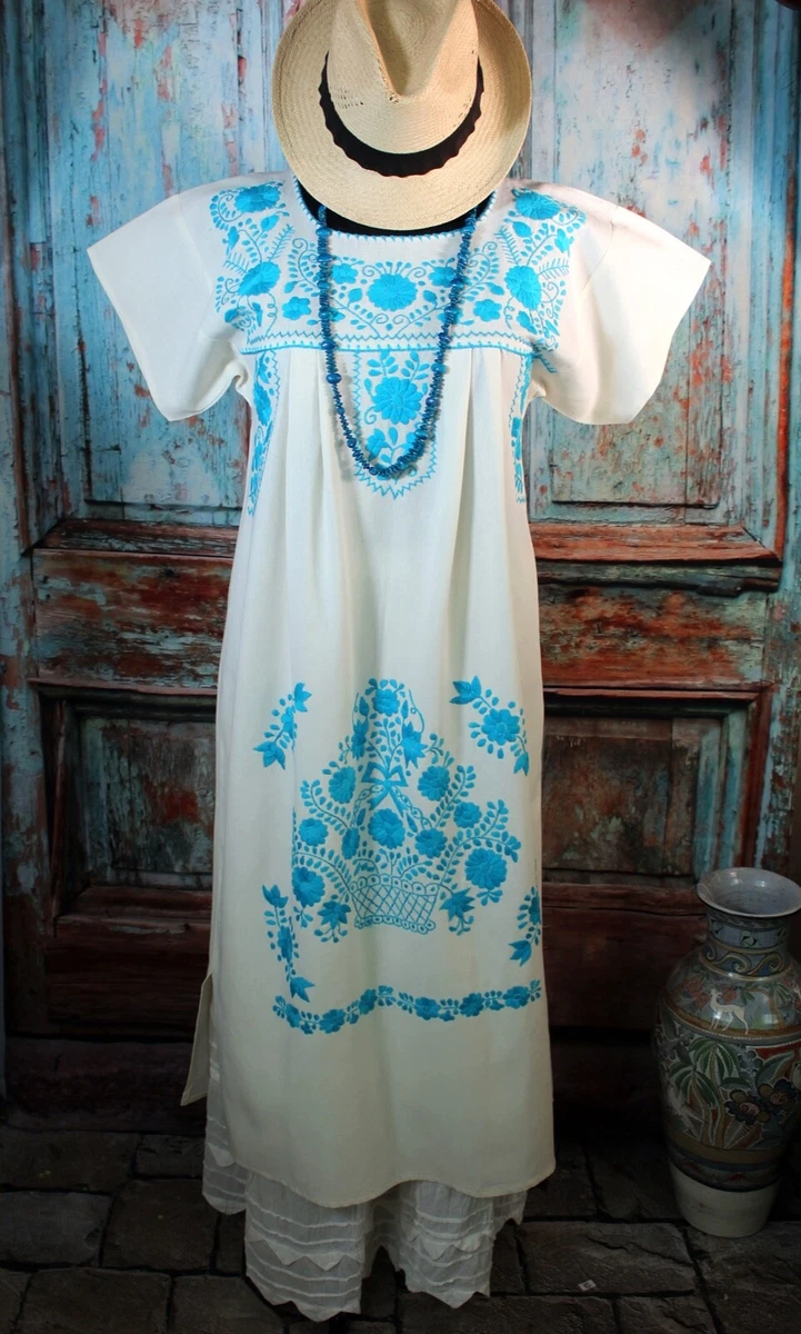 Peasant Dress Turquoise & Cream Hand Embroidered Puebla Mexico Folkloric  Hippie