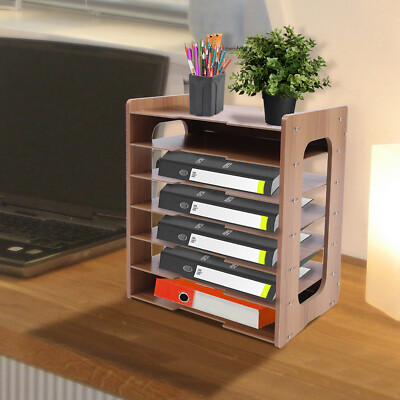 7 Tier Wood Desktop Paper Organizer File Document Storage Shelf Office Holder