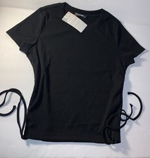 BTFBM Women Short Sleeve Bodycon Ruched Shirt Side Drawstring Black Size Med