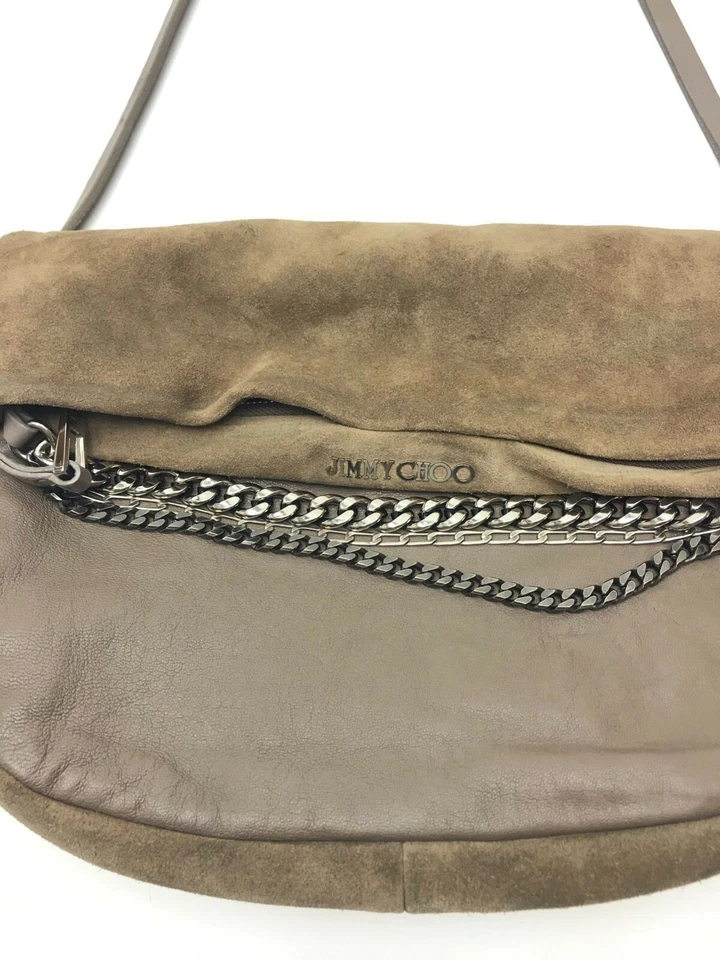 Jimmy Choo autêntica bolsa de ombro cinza acastanhado camurça/couro motociclista com correntes tamanho P - Imagem 2 de 4
