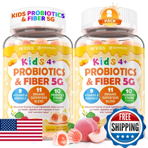2Pack Kids Probiotic + Prebiotic Fiber Gummies 5G, 12 Billion CFU Probiotic & Ve
