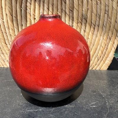 Crate & Barrel Ceramic Two Tone Vase Vibrant Red & Brown Reactive Vase