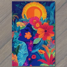Art Print Blue Face Sun Halo Jungle Floral Woman Silhouette Colorful Tropics