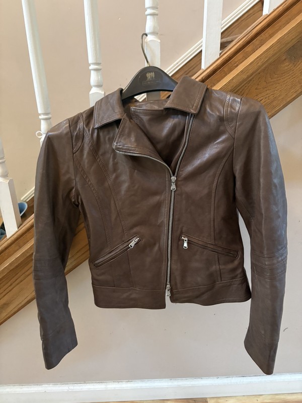 Florence Leather Womens Brown Solid Biker Jacket Full Zip Short Regular 44