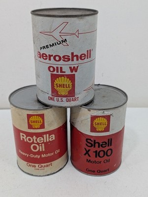 3 VINTAGE SHELL CANS - AEROSHELL  X-100 ROTELLA MOTOR OIL QUART CAN EMPTY LOT 