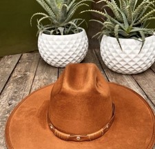 HAT Cowboy/ Texas style in Tobacco suede with brown feather NWOT