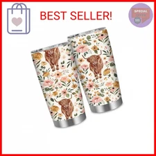 JarThenaAMCS 1Pcs Boho Floral Highland Cow Tumbler with Lid Straw Brush 20oz Flo