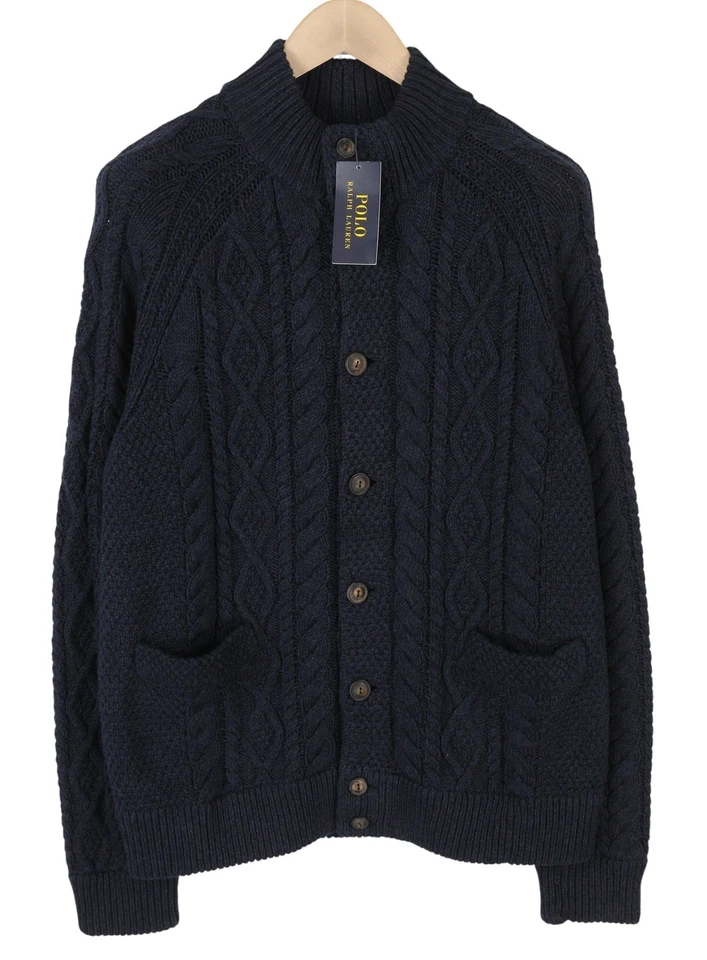 RALPH LAUREN Men Jumper L Dark Blue Button-Up Cable Knit Pockets Cardigan RRP329 - Image 2 of 4