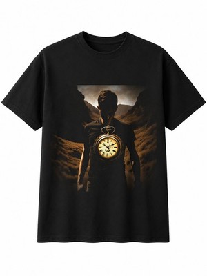 Doppelbelichtung Taschenuhr leuchtend Vintage Herren T-Shirt schwarz 100% Baumwolle Top