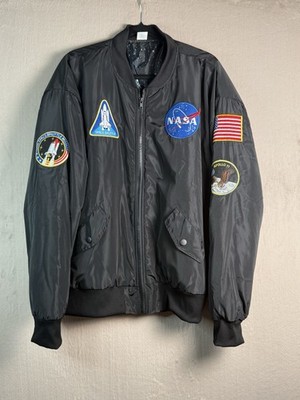 NASA Bomber Jacket Men's XL Black Apollo Shuttle Space Patches Flight Jacket