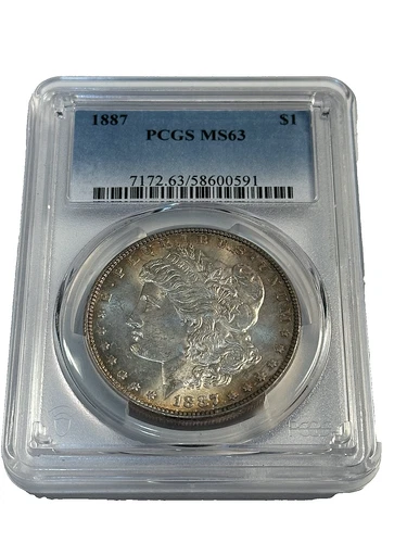 1887-PCGS MS63 MORGAN SILVER DOLLAR $1 OLD SOAPBOX HOLDER ~ TONED ~