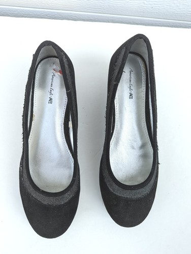 American Eagle Wedge Heel Suede Black Slip Ons Sparkle Shoes Womens Girls Size 4 - Picture 5 of 8