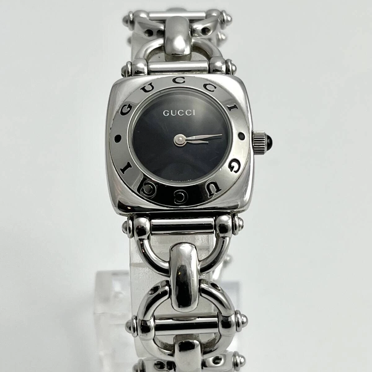 Montre Femme GUCCI Horsebit Bracelet Argent 6400L Noir Dail Quartz Fonctionne