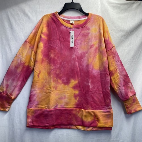 iGenJun Crew-Neck Long Sleeve Side Slit Sweatshirt Women Medium Pink Tie-Dye New - Foto 1 di 17