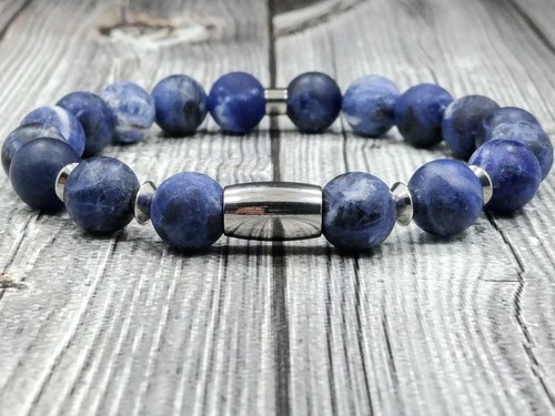 MODERN 8"L STAINLESS STEEL 10mm Matte Sodalite Gemstone Beaded Men's Bracelet - Picture 7 of 8