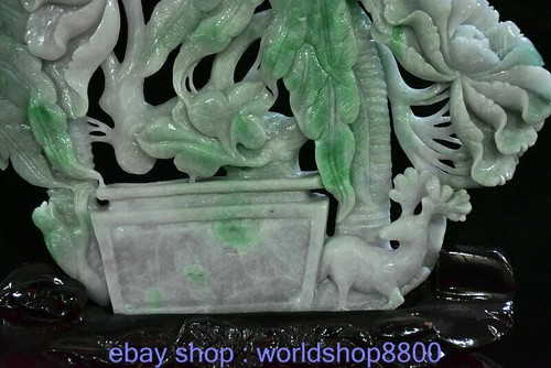 12" China natürliche Smaragdjadeit Jade Fengshui Baum Blume Hirsch Statue - Bild 4 von 9