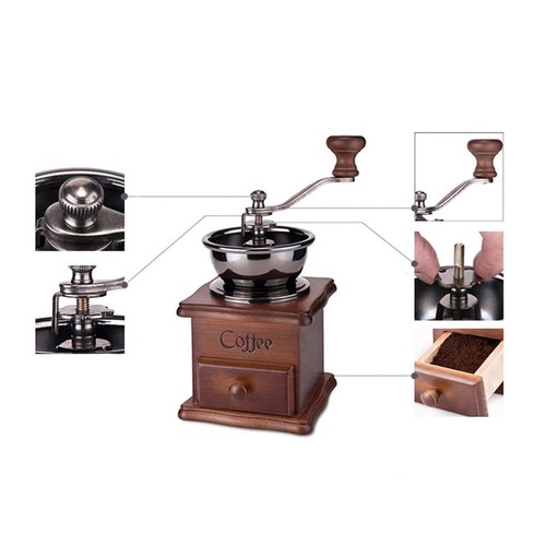 Classic Coffee Bean Spice Vintage Hand Grinder Wooden Retro Burr Mill 21cm - Picture 2 of 7