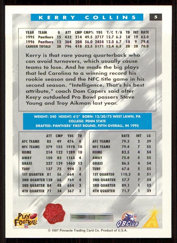 1997 Score Showcase Artist's Proofs #5 Kerry Collins - Image 2 of 2