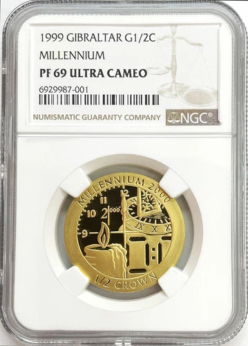 1999 GOLD GIBRALTAR 750 MINTED 1/2 CROWN MILLENNIUM NGC PROOF 69 ULTRA CAMEO 