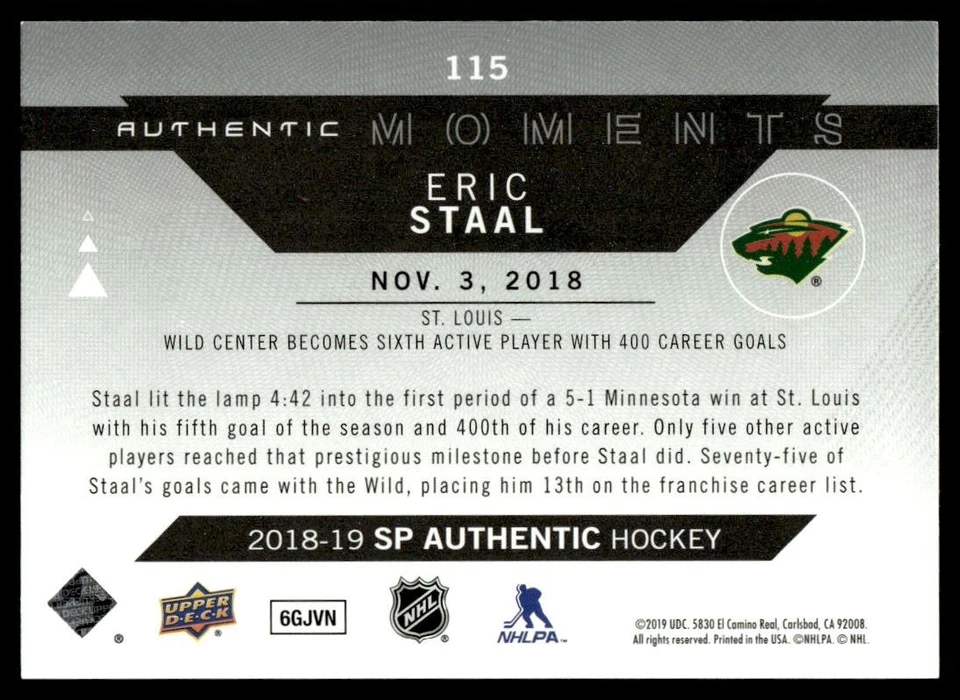 2018-19 SP AUTHENTIC MOMENTS Eric Staal Minnesota Wild #115 - Image 2 of 2