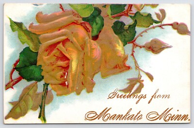 #ad Mankato Golden Rose Greeting Gold Font Embossed PC 1908 Cleveland MN Emma Wright $10.50